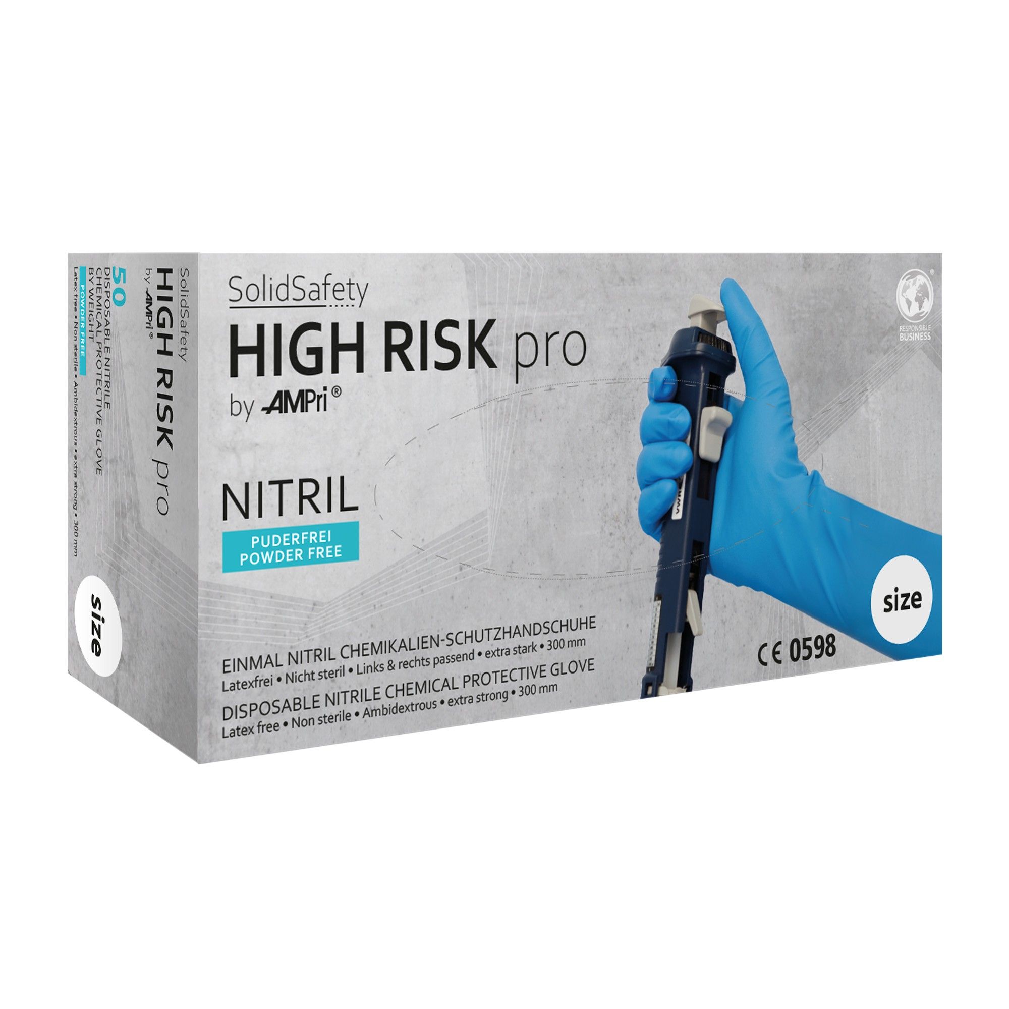 Verpackung der SolidSafety High Risk Pro Nitril-Schutzhandschuhe.
