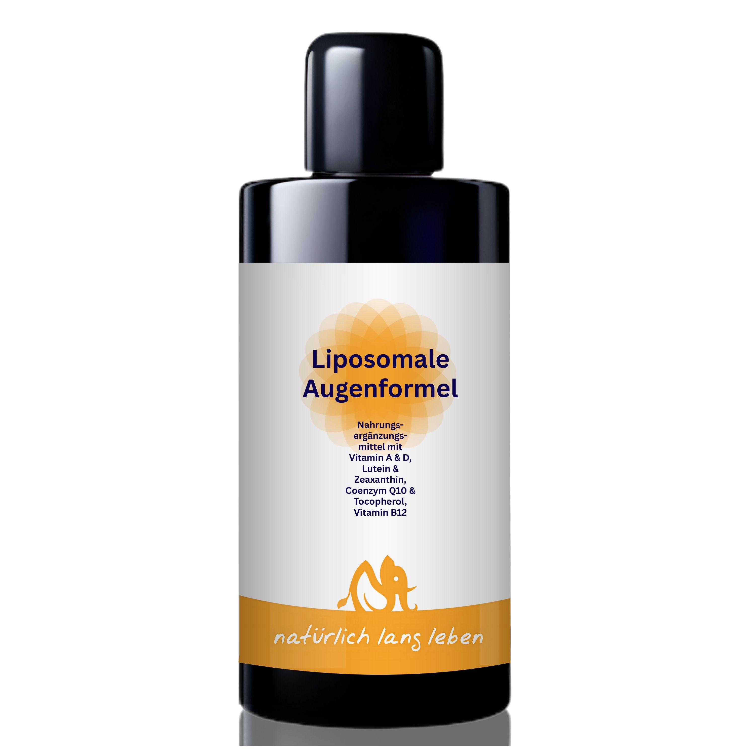 Braune Glasflasche mit schwarzem Deckel. Etikett mit Produktname: Liposomale Augenformel. Marke: natürlich lang leben. Enthält Vitamin A, D, E, B12, Lutein, Zeaxanthin, Coenzym Q10.