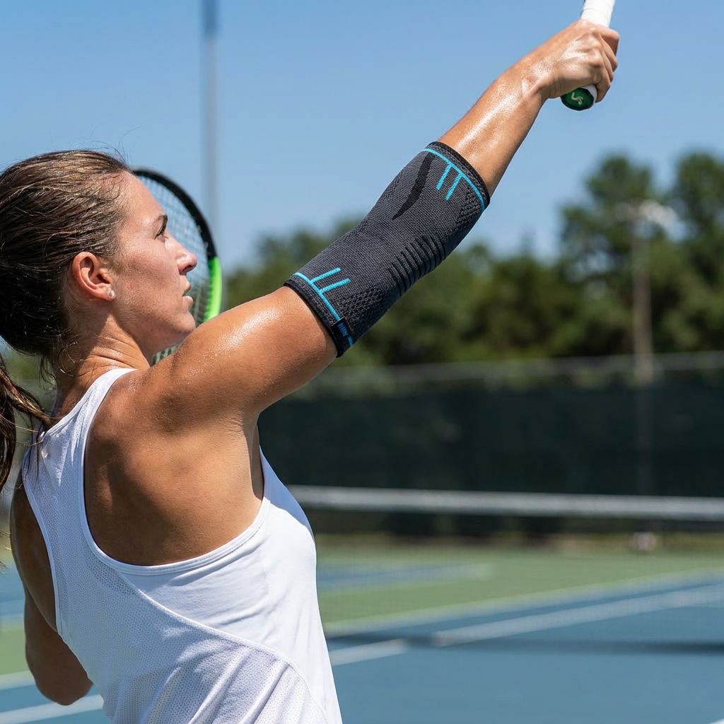 Frau beim Tennis. Sie trägt eine Ellenbogenbandage.