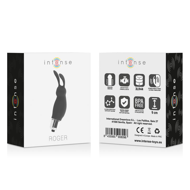 Verpackung mit Produktabbildung. Marke Intense. Produktname Roger. 9 cm. BPA-frei.