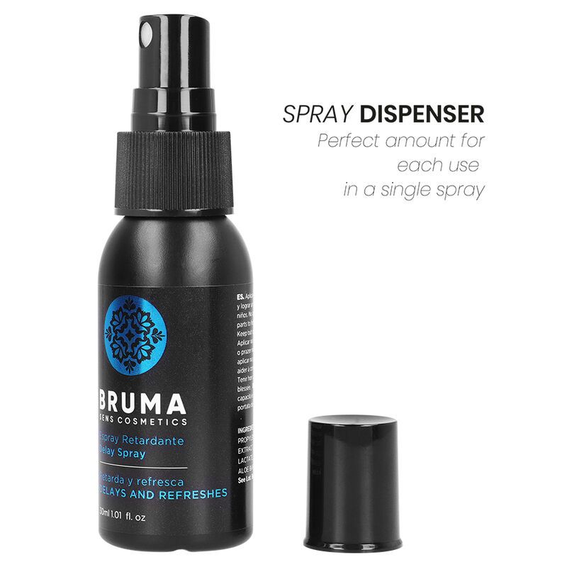 Schwarze Sprühflasche mit blauem Etikett und silbernem Sprühkopf. Kappe liegt daneben.