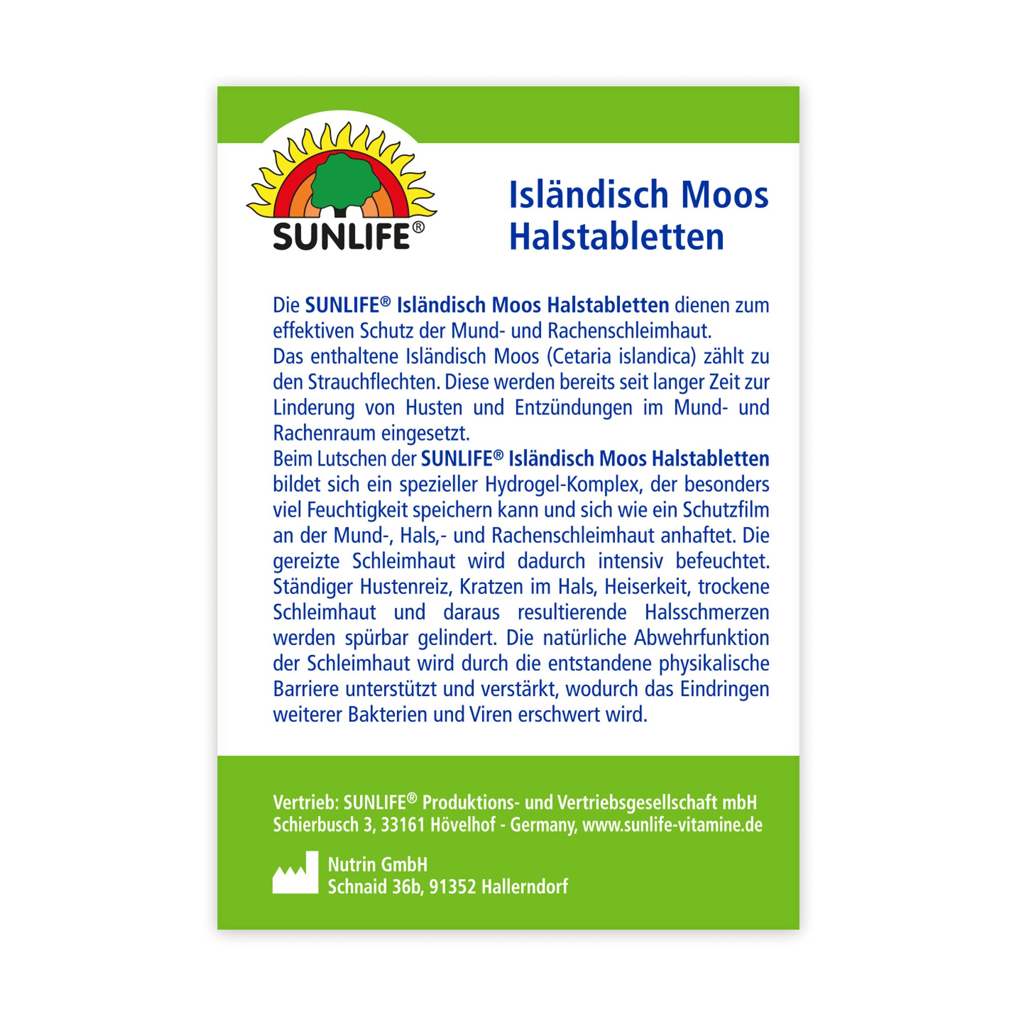Rückseite der Sunlife Halstabletten Isländisch Moos Verpackung. Enthält Produktinformationen, Herstelleradresse und Logo.