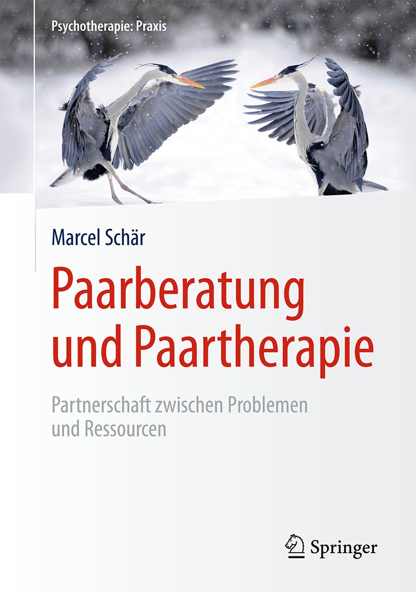 Buchcover: Paarberatung und Paartherapie von Marcel Schär. Zwei Reiher im Schnee. Springer-Logo.