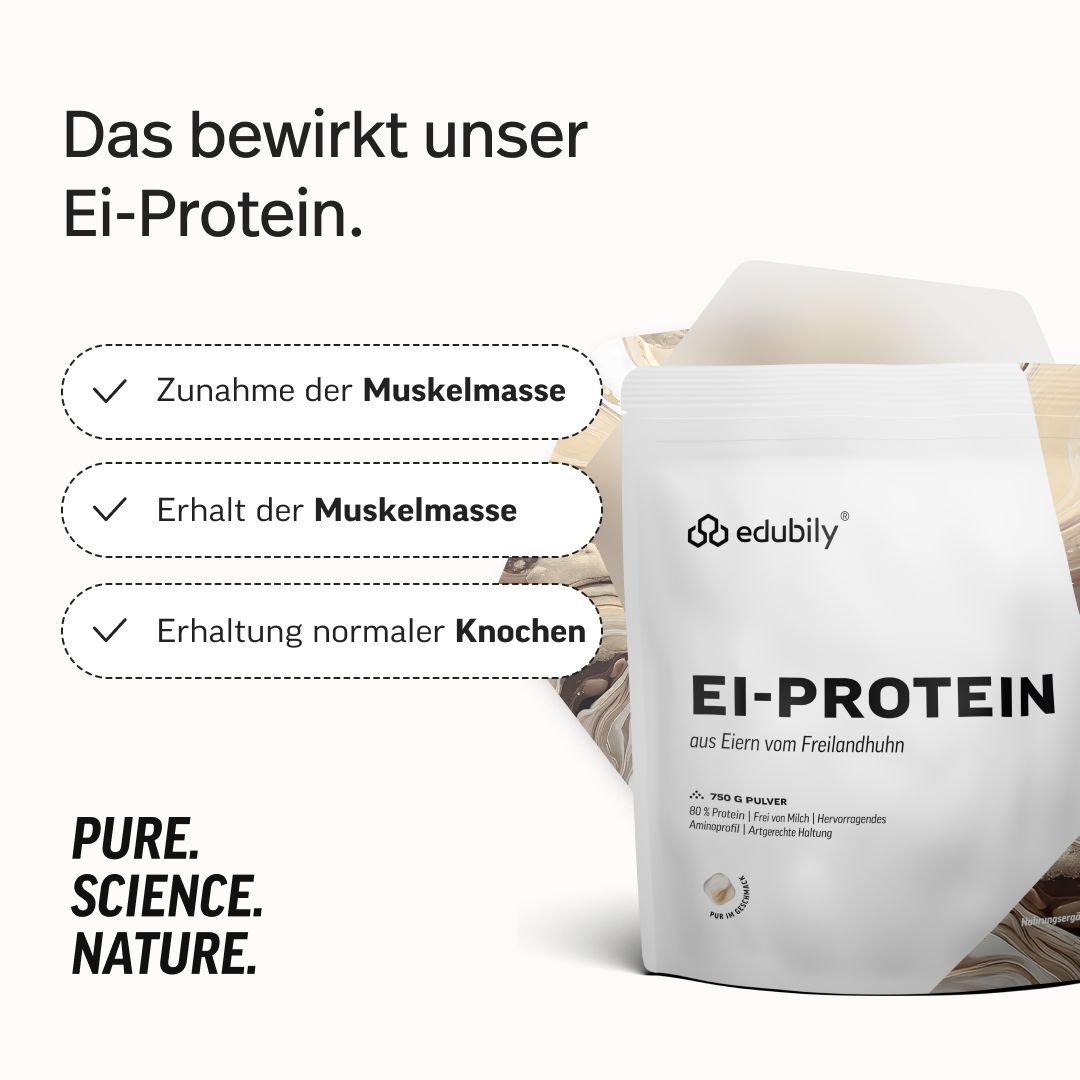 Verpackung edubily® EI-PROTEIN. Vorteile: Zunahme der Muskelmasse, Erhalt der Muskelmasse, Erhaltung normaler Knochen. PURE. SCIENCE. NATURE.