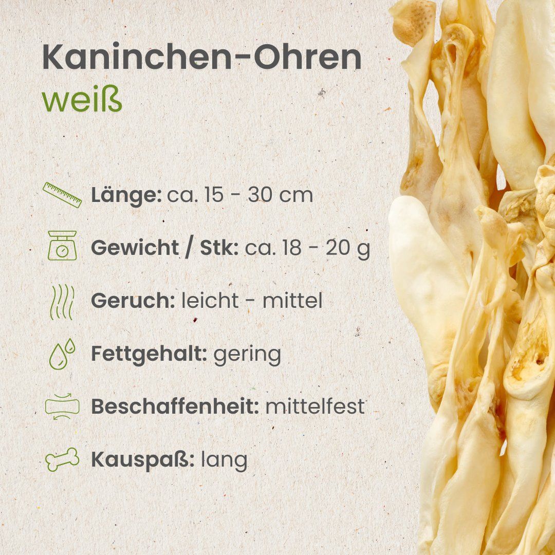 Getrocknete Kaninchenohren, weiß. Langanhaltender Kauspaß, 100% Kaninchen.