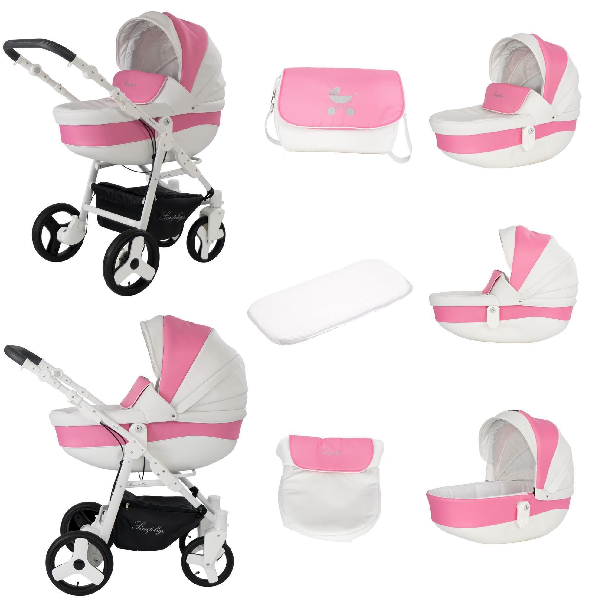 Friedrich Hugo Simpligo 4 in 1 Kinderwagen Komplettset ISOFIX Basis Luftreifen, Pink (Kunstleder)
