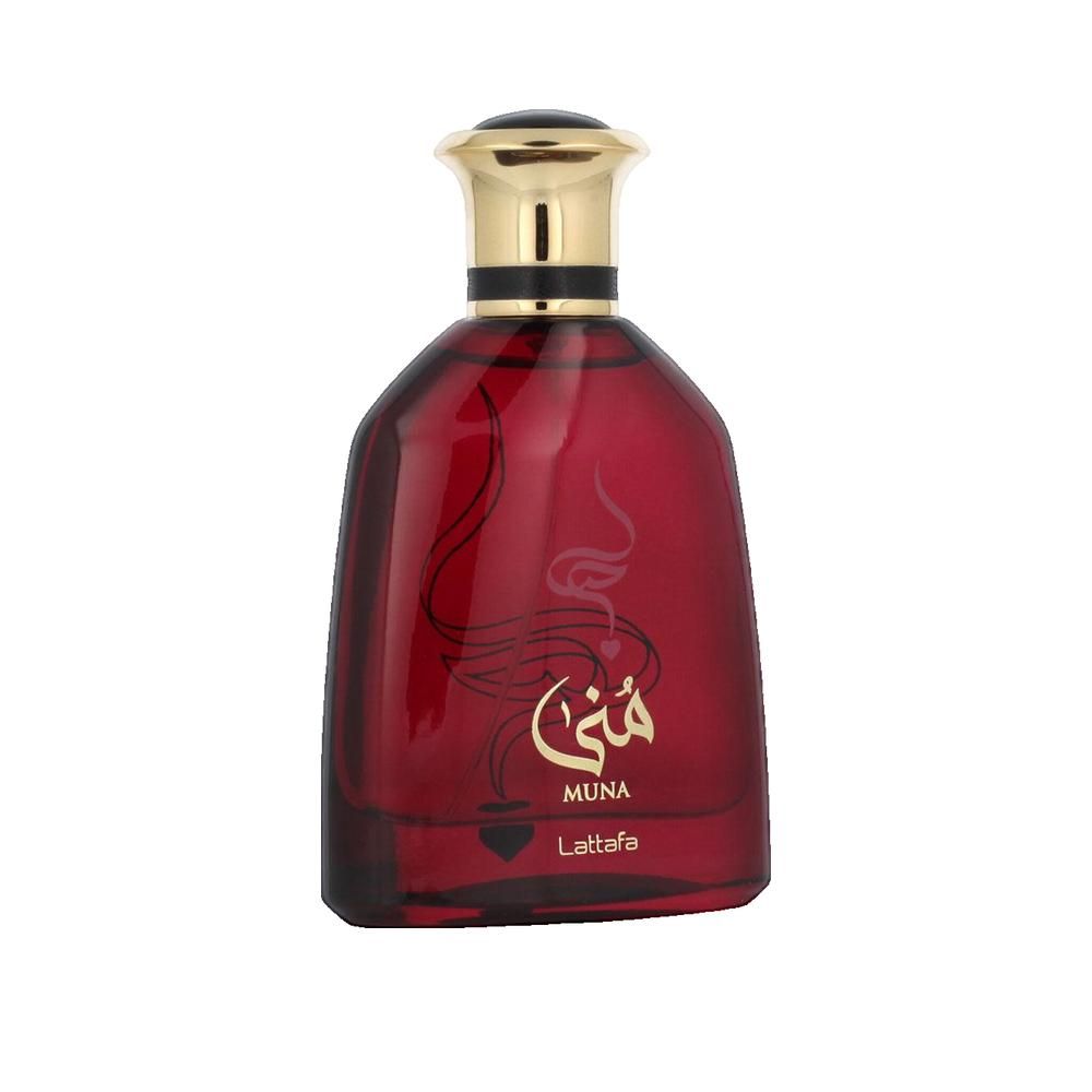 Rote Glasflasche mit goldfarbenem Verschluss. Aufschrift "Muna" und "Lattafa" in Gold. Arabische Schriftzeichen.