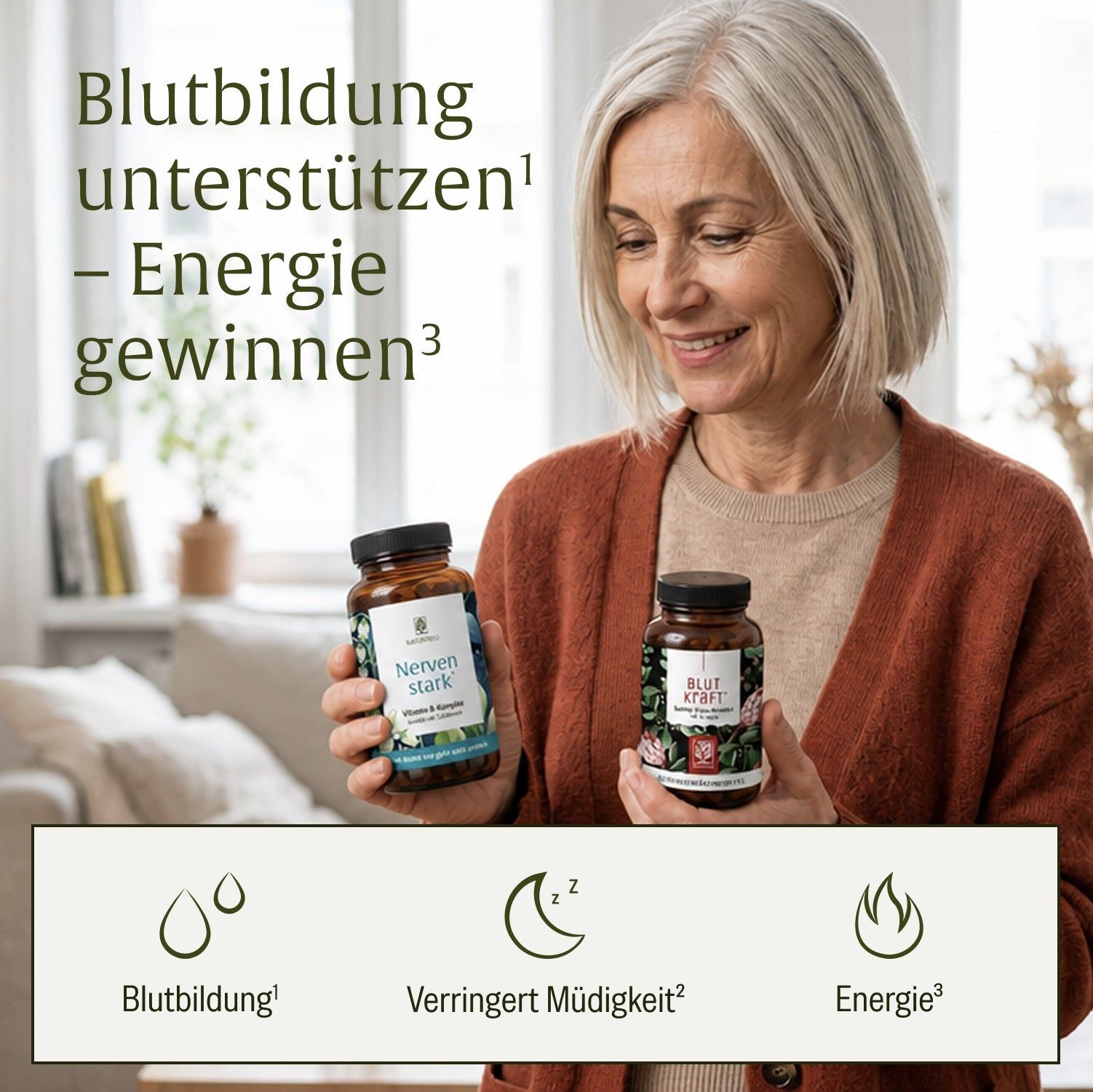 Frau hält NATURTREU® Nerven stark und BLUTKRAFT Flaschen. Icons für Blutbildung, Müdigkeit, Energie.