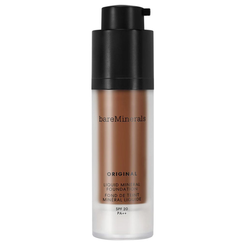 Braune Flüssige Mineral Foundation in Glasflasche mit schwarzem Deckel. Aufschrift: BareMinerals, Original, SPF 20. Produktname und SPF-Wert.