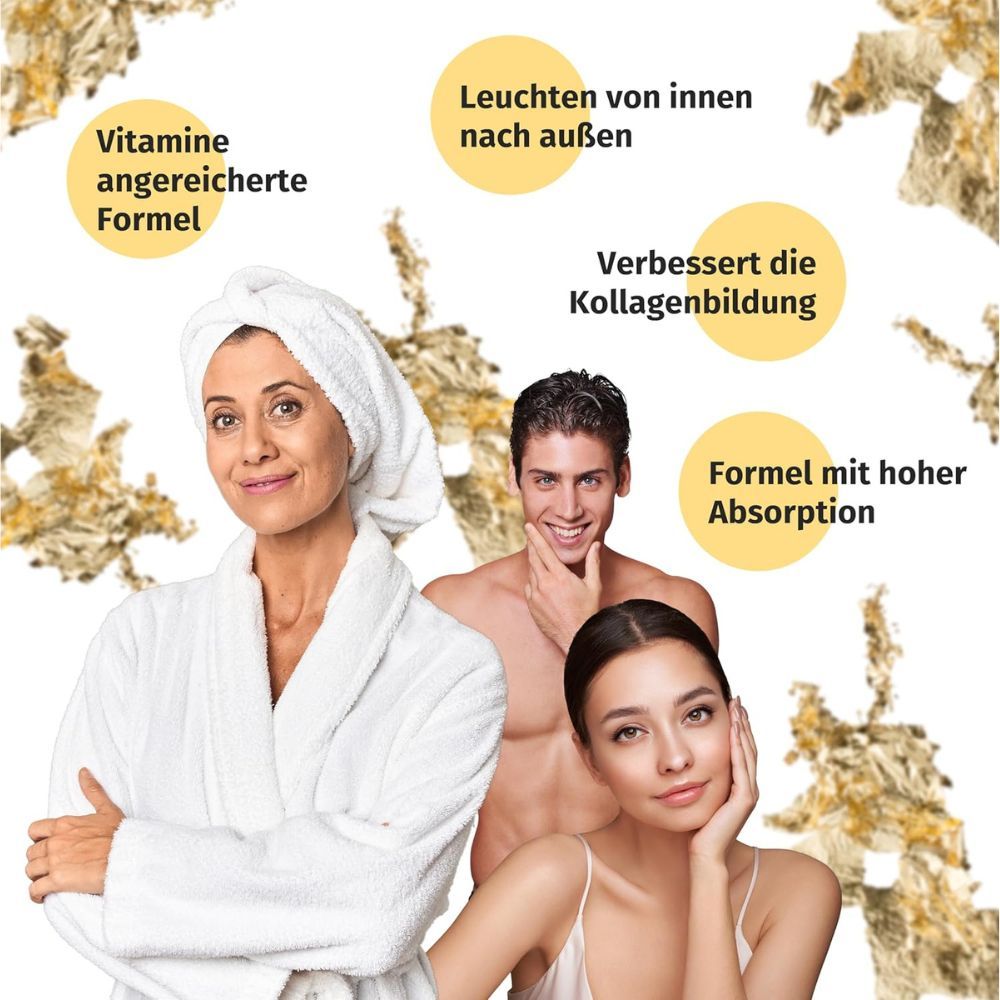Drei Personen, goldene Blätter. Produktinformationen: Vitamine, verbesserte Kollagenbildung, hohe Absorption.
