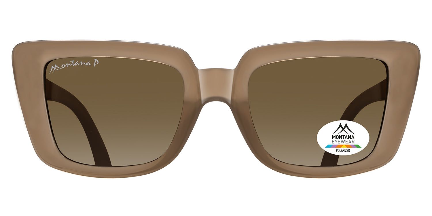 Rechteckige Sonnenbrille mit braunen Gläsern und Rahmen. Montana Eyewear Logo auf dem Glas. Polarisierte Gläser.