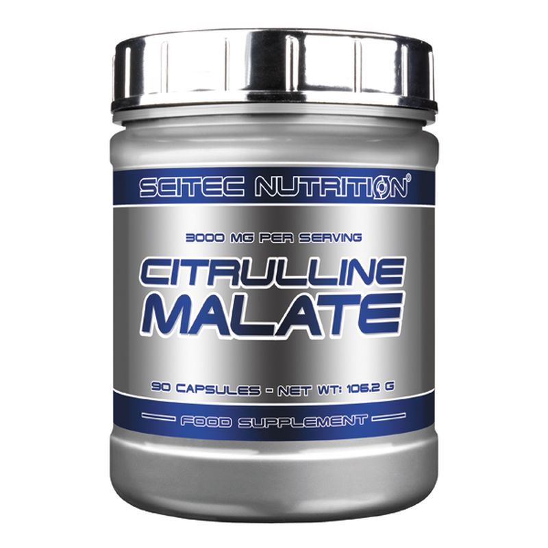 Zylindrische Dose mit silbernem Deckel. Aufschrift: Scitec Nutrition, Citrulline Malate, 90 Kapseln. Nahrungsergänzungsmittel.