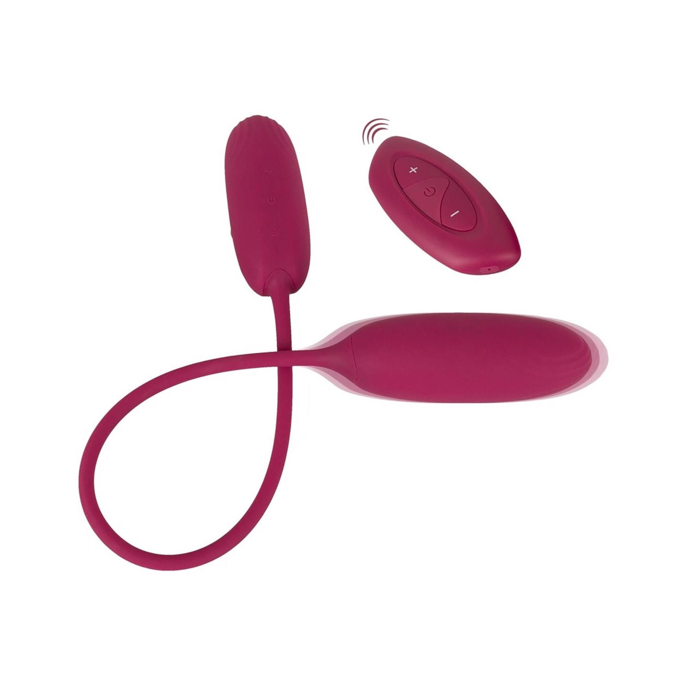 Pinkfarbenes Vibrations-Ei-Duo mit Fernbedienung. Zwei Eier mit flexiblen Stielen, verbunden mit einer Fernbedienung.