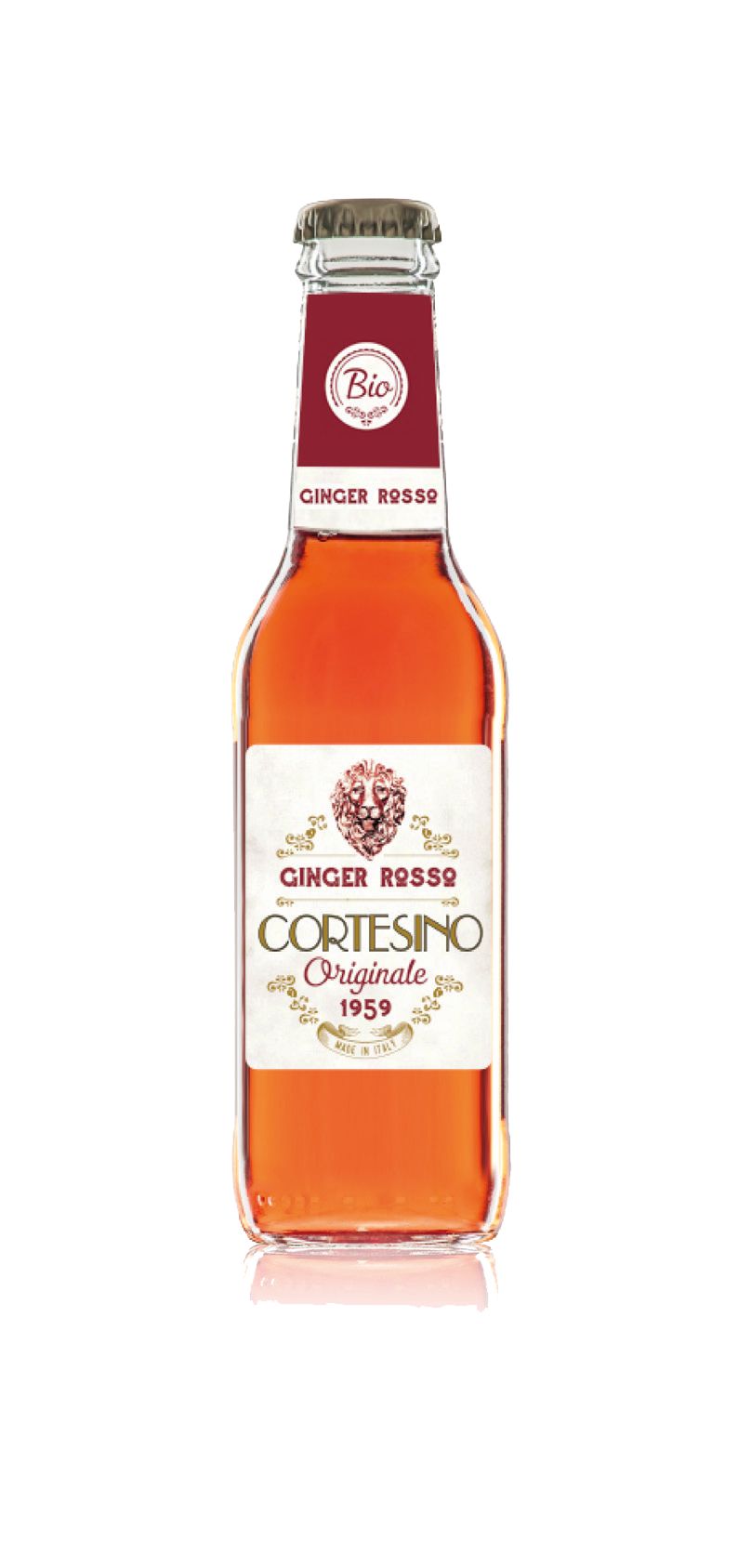 Eine Glasflasche Cortese Bio Originale Ginger Rosso. Die Flasche hat einen roten Aufkleber mit dem Schriftzug "Ginger Rosso" und dem Logo "Bio". Der Flascheninhalt ist rot-orange. Auf dem Etikett steht "Cortese Originale 1959".