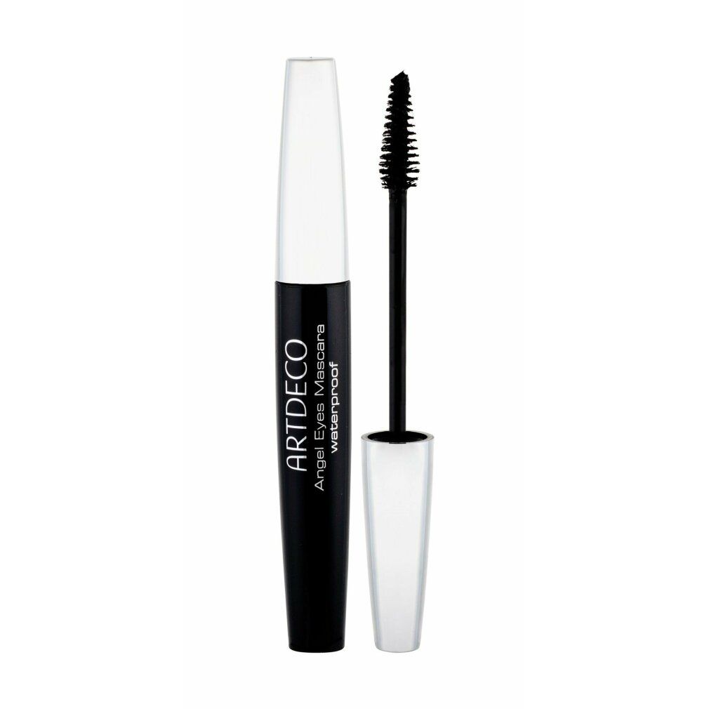 Schwarze Mascara-Tube mit weißem Deckel. Pinsel ist herausgezogen. Auf der Tube steht "ARTDECO Angel Eyes Mascara waterproof".