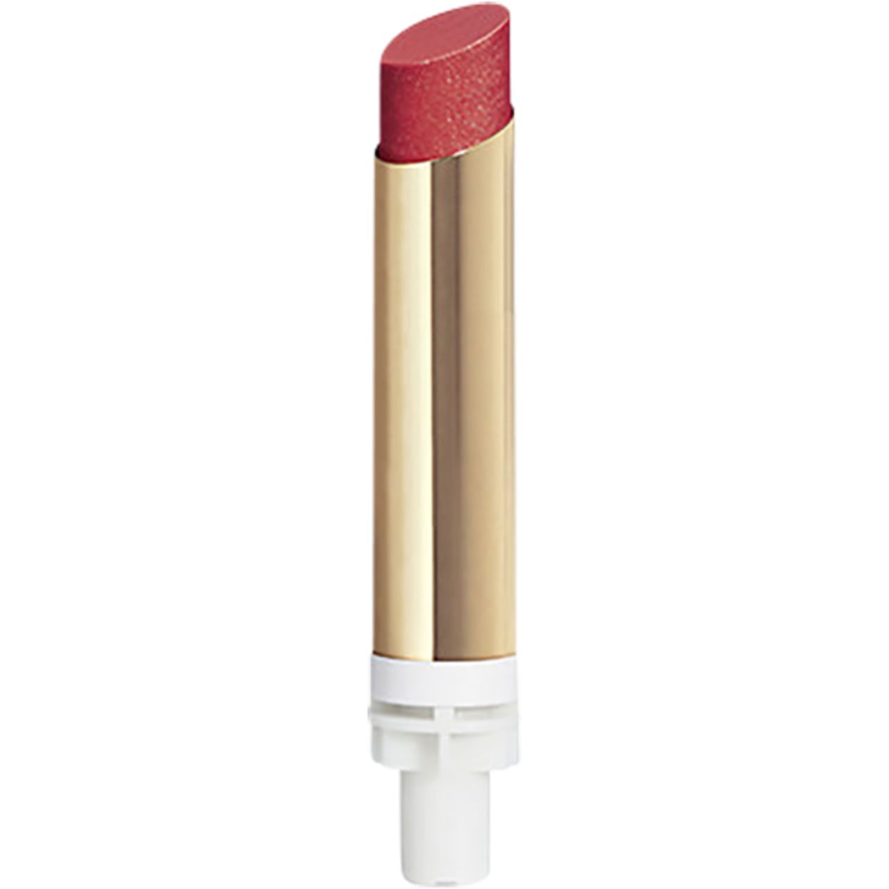 Lippenstift-Nachfüllung. Goldfarbene Hülse, rosafarbene Spitze. Weißer Sockel. Schräg angeschnitten.