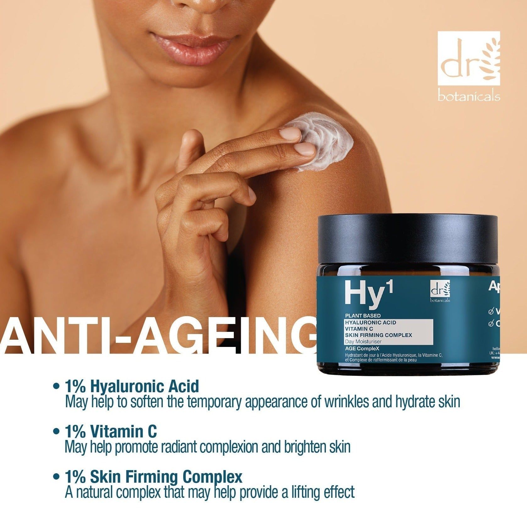 Produkt und Text. Aufschrift: Hy1, Dr Botanicals, Hyaluronsäure, Vitamin C, Skin Firming Complex. Anti-Aging-Text.
