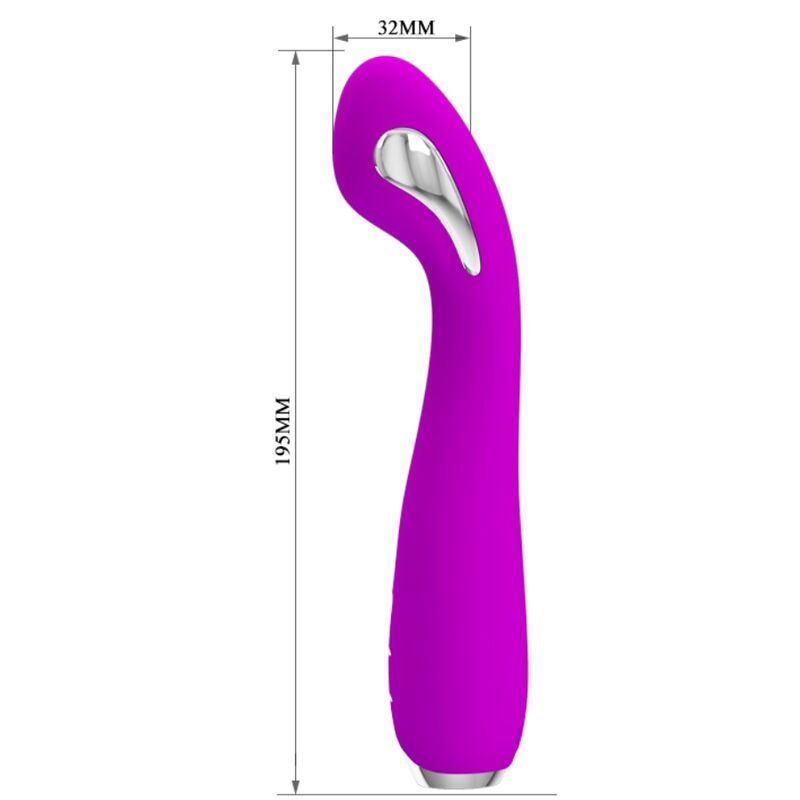 Lila Vibrator mit geschwungener Form. Silberfarbene Akzente. Abmessungen: 195mm x 32mm.