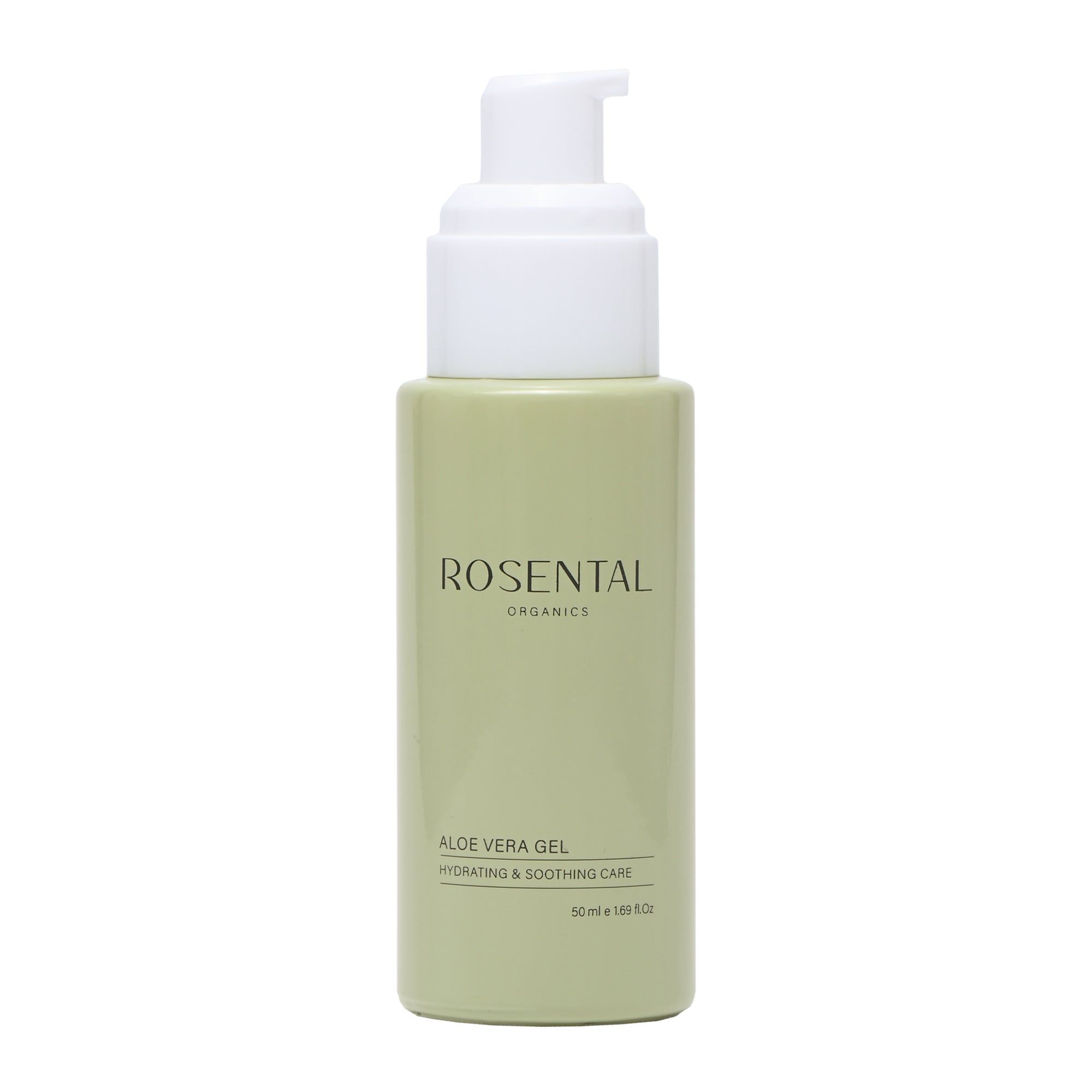 Grüne Flasche mit weißem Pumpkopf. Aufschrift: Rosental Organics, Aloe Vera Gel, Hydrating & Soothing Care.