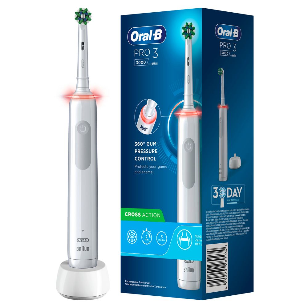 Elektrische Zahnbürste in Weiß mit Ladestation und Verpackung. Sichtbar: Oral-B Pro 3, Cross Action Bürstenkopf, Druckkontrolle.