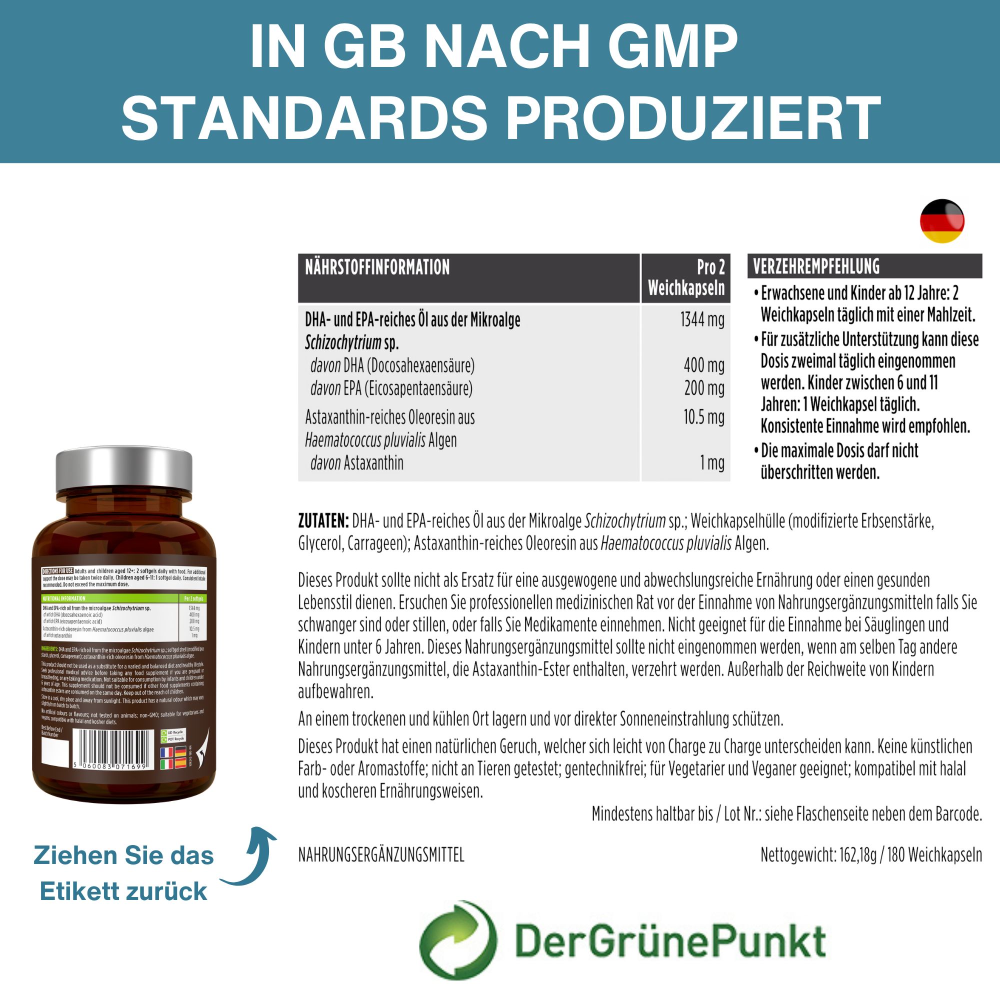 Hergestellt in GB nach GMP-Standards. Nährwertangaben und Verzehrempfehlung.