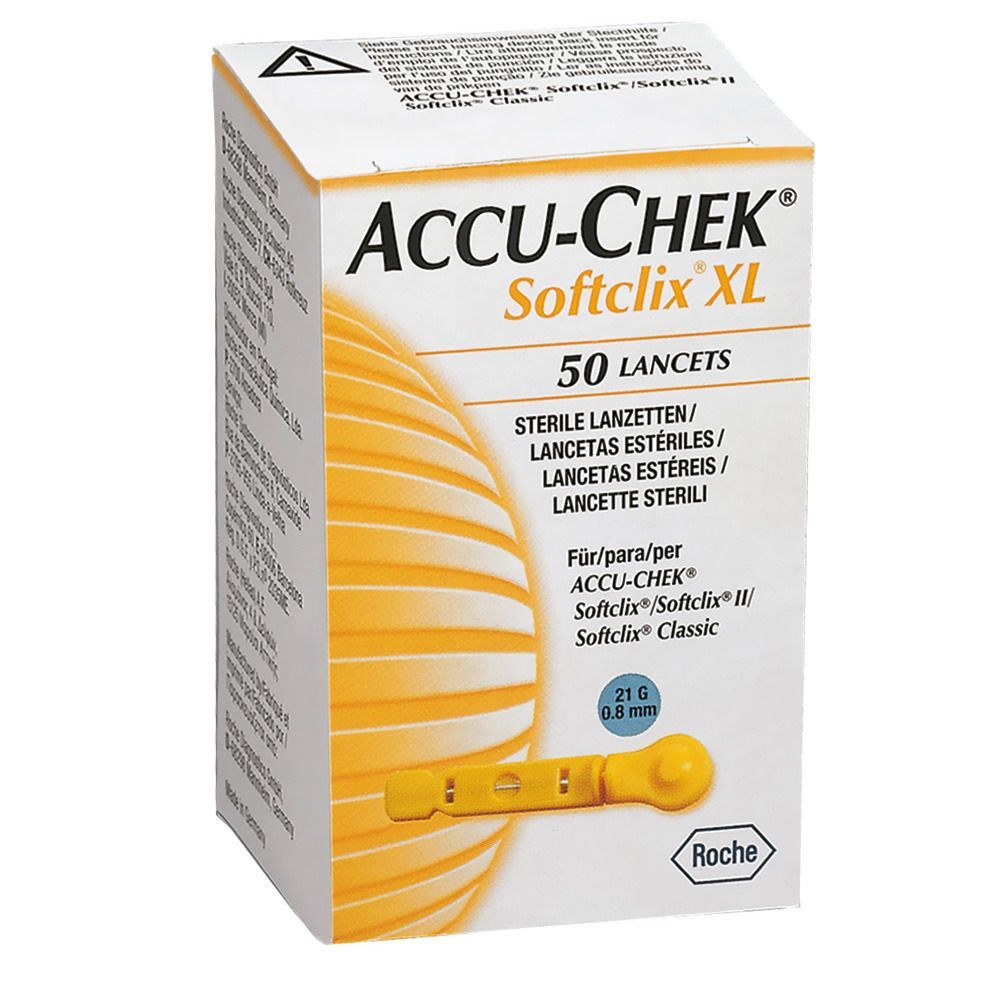 Schachtel mit ACCU-CHEK Softclix XL Lanzetten. 50 Stück. Gelbe Lanzette abgebildet. 21G, 0,8 mm.