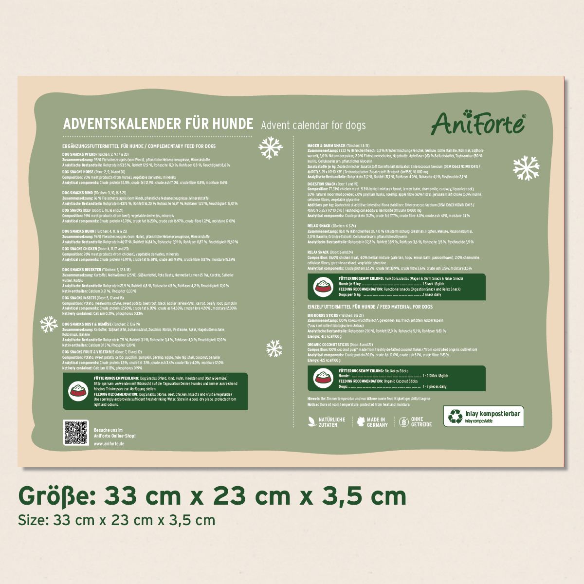 Rückseite des Adventskalenders für Hunde. Text: Adventskalender für Hunde. Produktinformationen, Inhaltsstoffe, Herstellerangaben, Größenangabe: 33 x 23 x 3,5 cm.