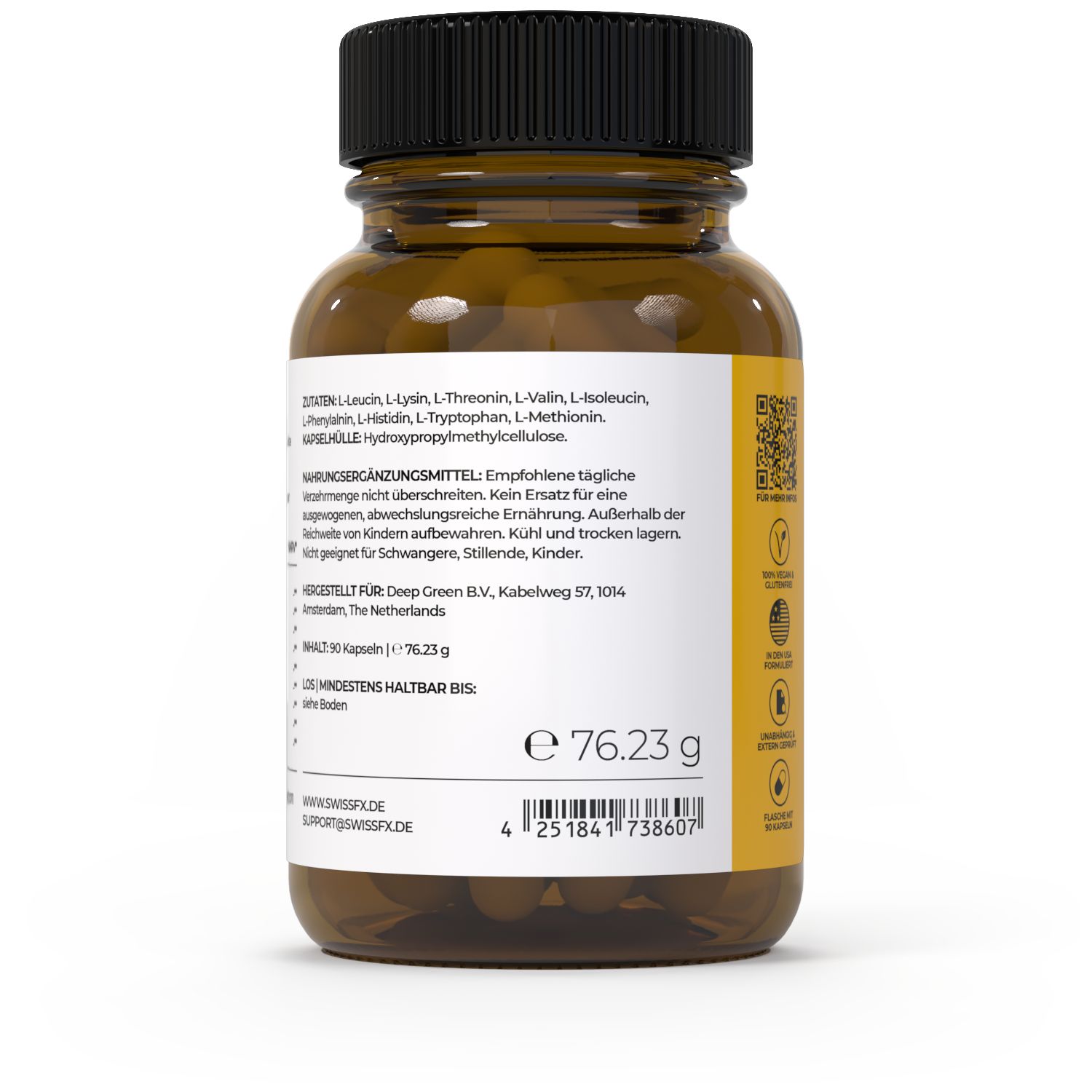 Rückseite einer braunen Glasflasche mit gelbem Etikett. Text: Zutaten, Nährwertangaben, Hersteller. Schwarzer Deckel.