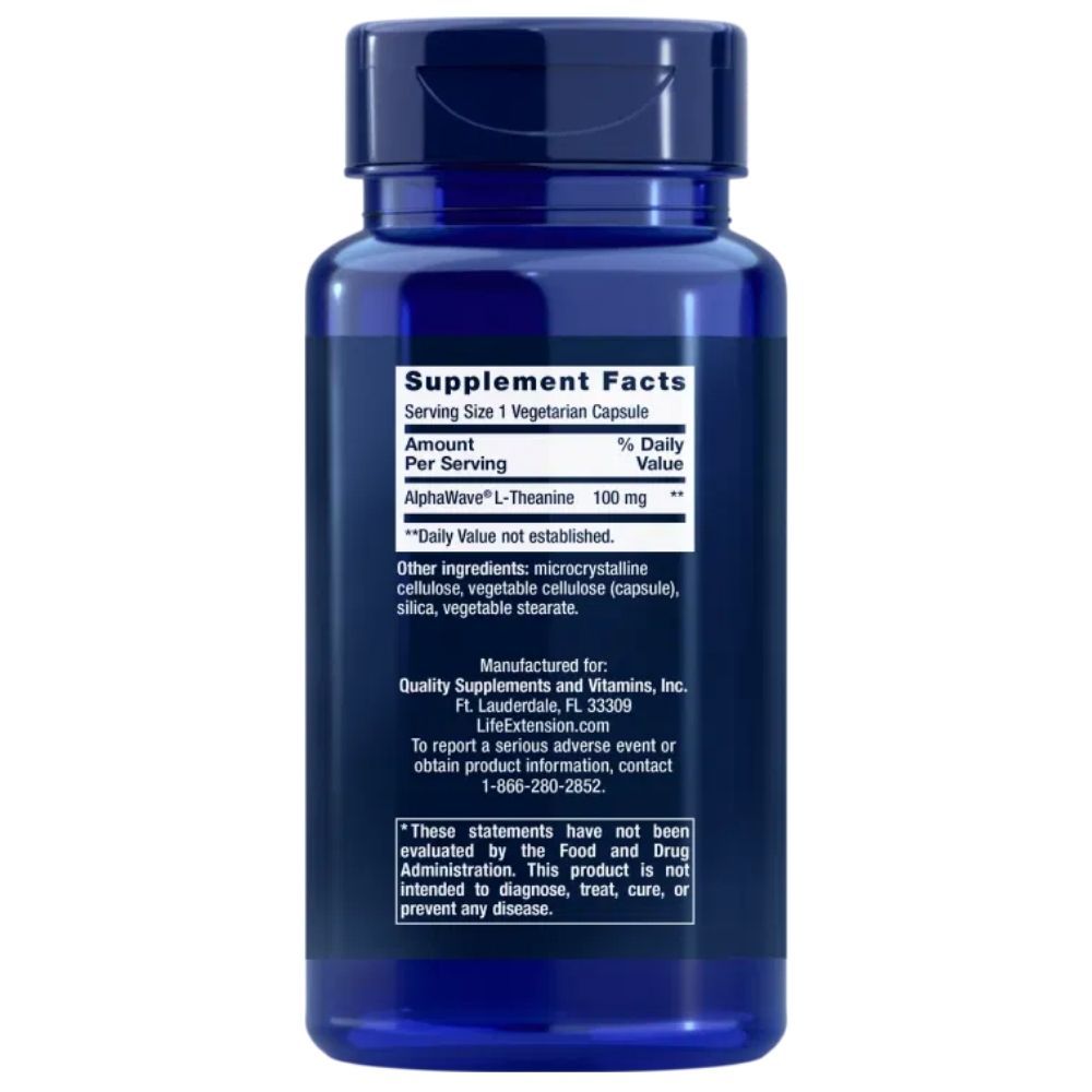 Rückseite eines Life Extension L-Theanin 100 mg Behälters mit Nährwertangaben.