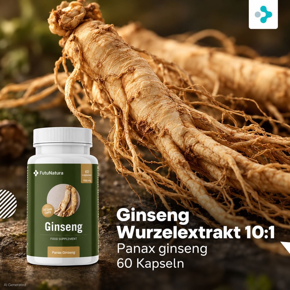 Flasche FutuNatura Ginseng Kapseln (60 Stk.) neben erschöpftem Mann.