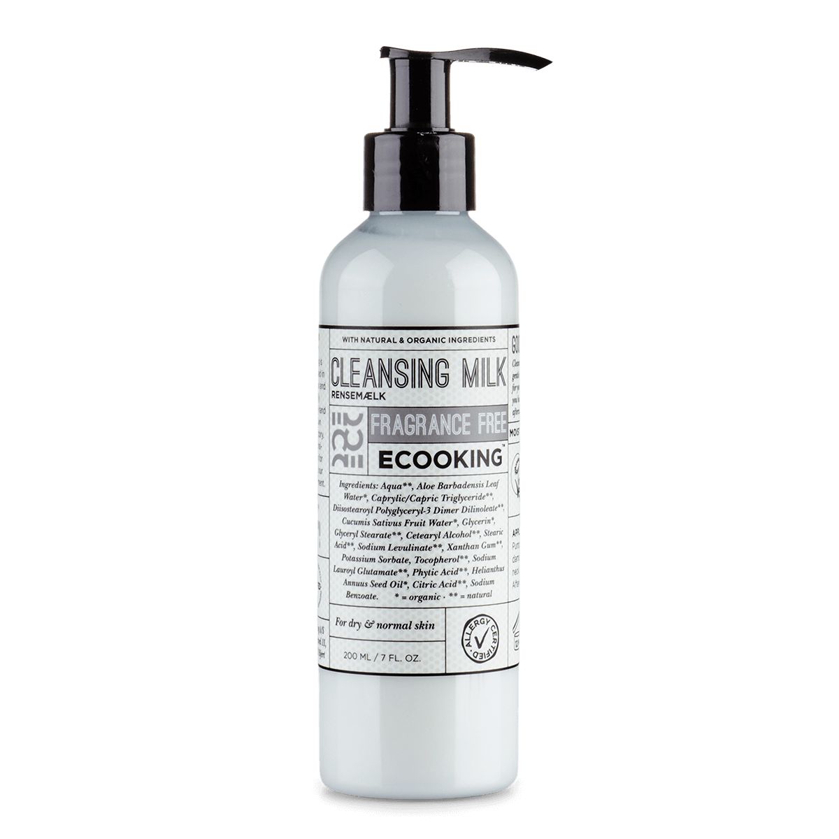 Hellgraue Flasche mit schwarzem Pumpverschluss. Aufschrift: Cleansing Milk, Fragrance Free, Ecooking. Für trockene bis normale Haut.