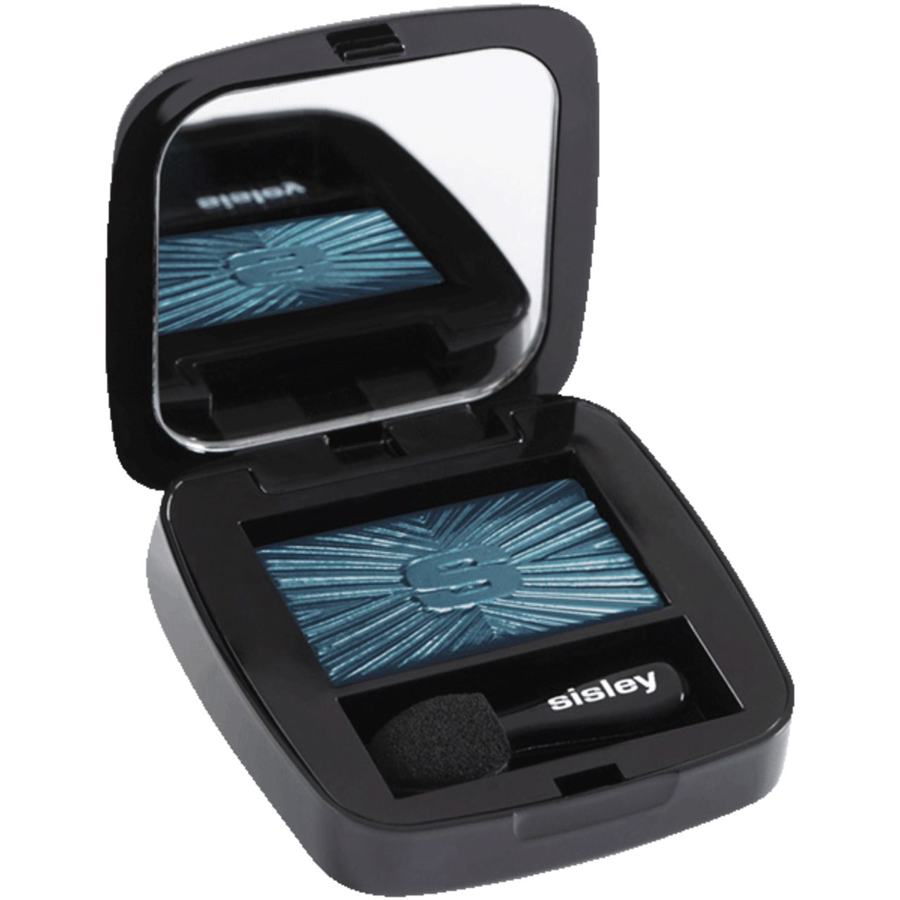 Offene, schwarze Sisley Lidschatten-Kompaktpuder mit Spiegel, Applikator und blauem Lidschatten.