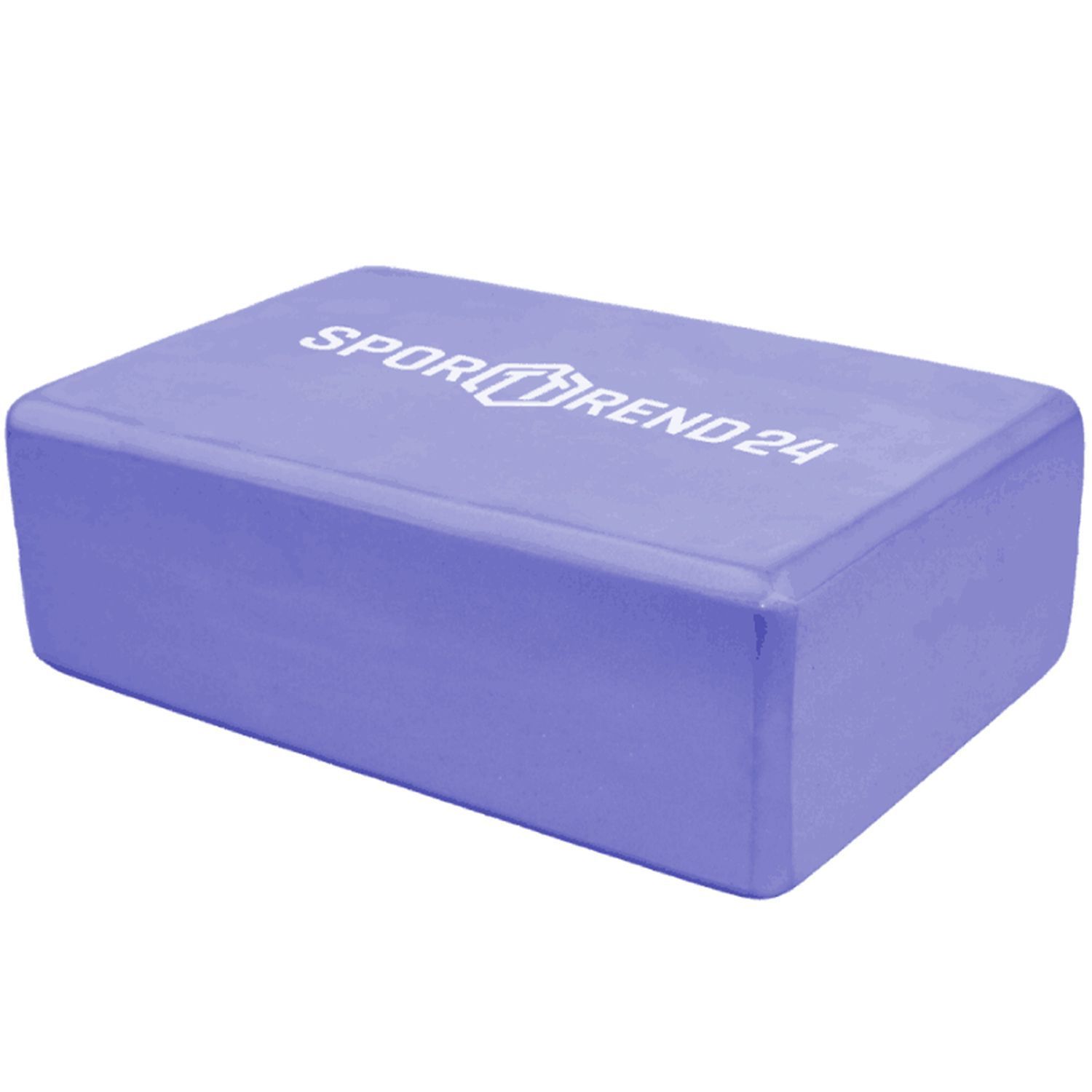 Lila Yoga-Block aus EVA-Schaumstoff. Rechteckige Form mit abgerundeten Kanten. Aufschrift SPORTTREND24.