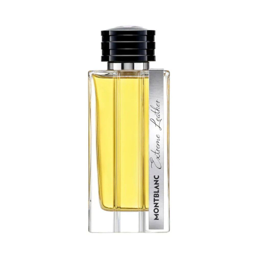Montblanc Extreme Leather Eau de Parfum Flakon mit silbernem Etikett und schwarzem Verschluss.