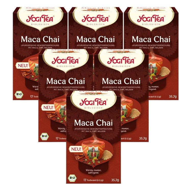 Mehrere Packungen Yogi Tea Maca Chai Bio Gewürztee. Aufdrucke: Yogi Tea, Maca Chai, Bio, 17 Teebeutel, 35.7g.