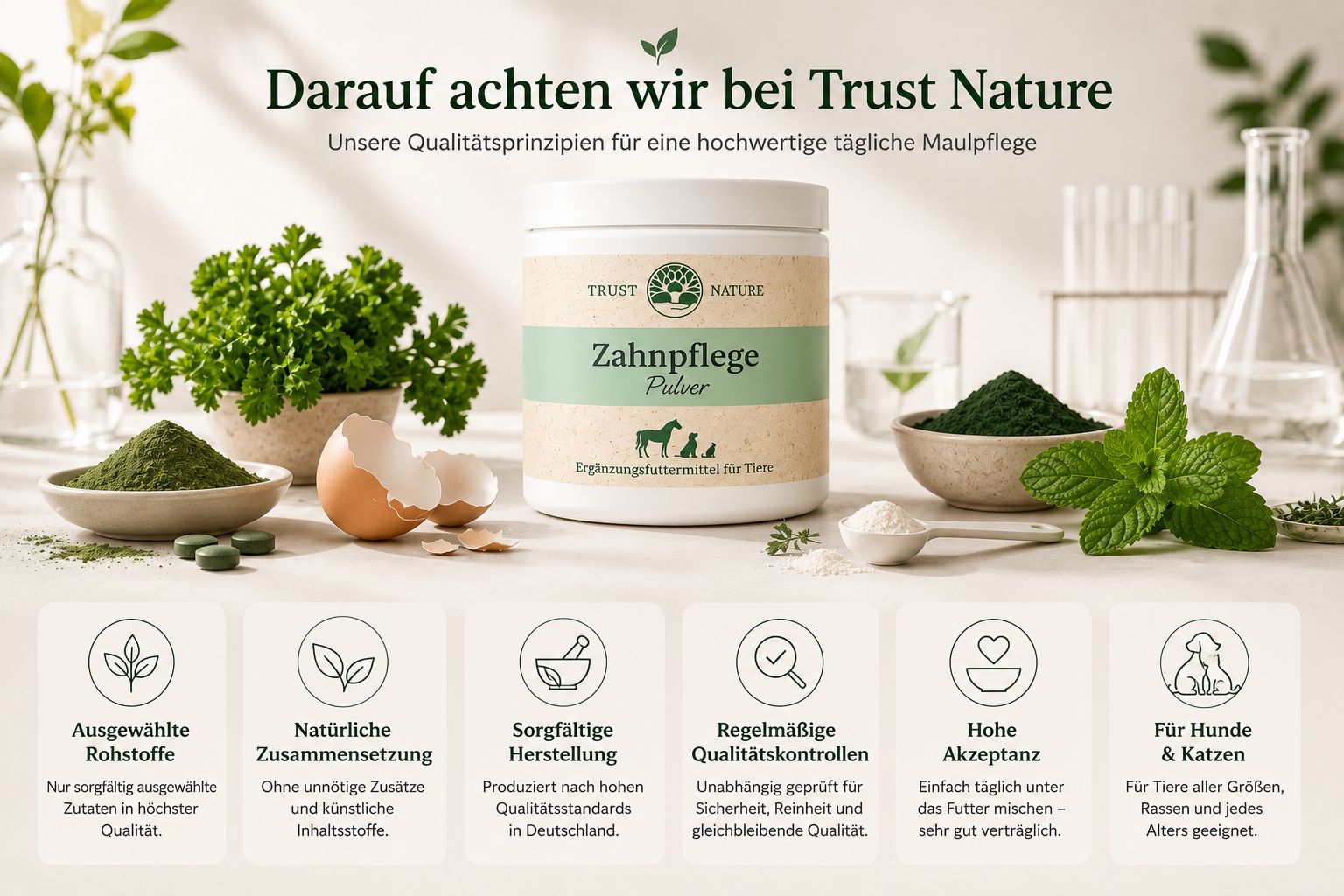 Trust Nature Zahnpflege Pulver mit Icons für ausgewählte Rohstoffe, natürliche Zusammensetzung, Herstellung in Deutschland.