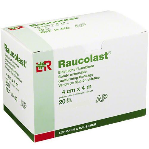 Verpackung von Raucolast® 4 cm x 4 m. Elastische Fixierbinde. 20 Stück. Marke und Produktinformationen sind deutlich sichtbar.