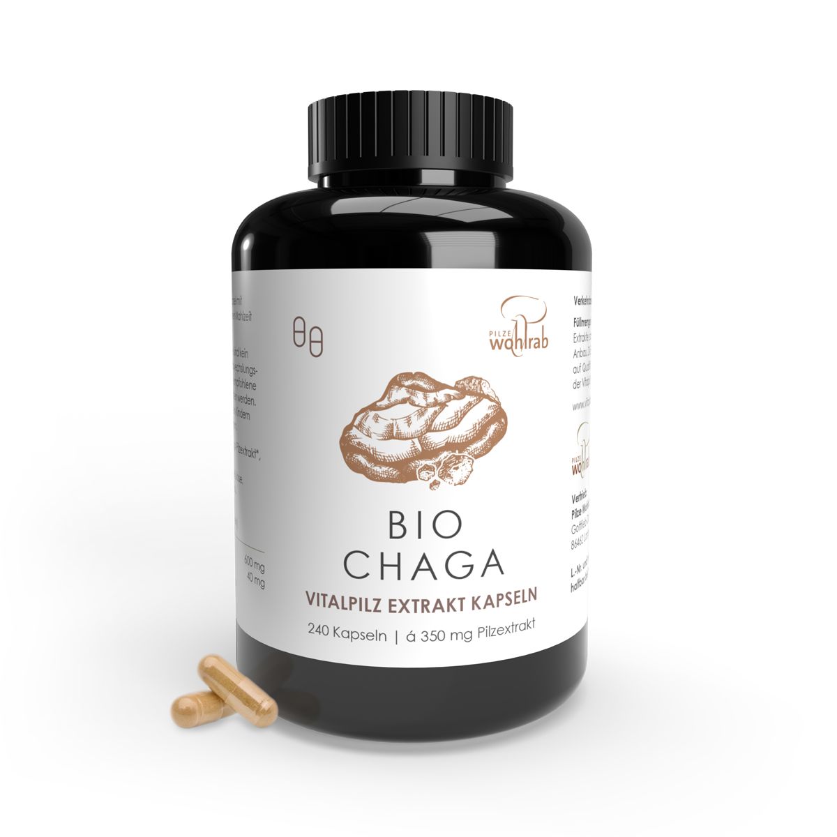 Schwarze Dose mit BIO CHAGA Vitalpilz Extrakt Kapseln, daneben Chaga Pilzstücke.