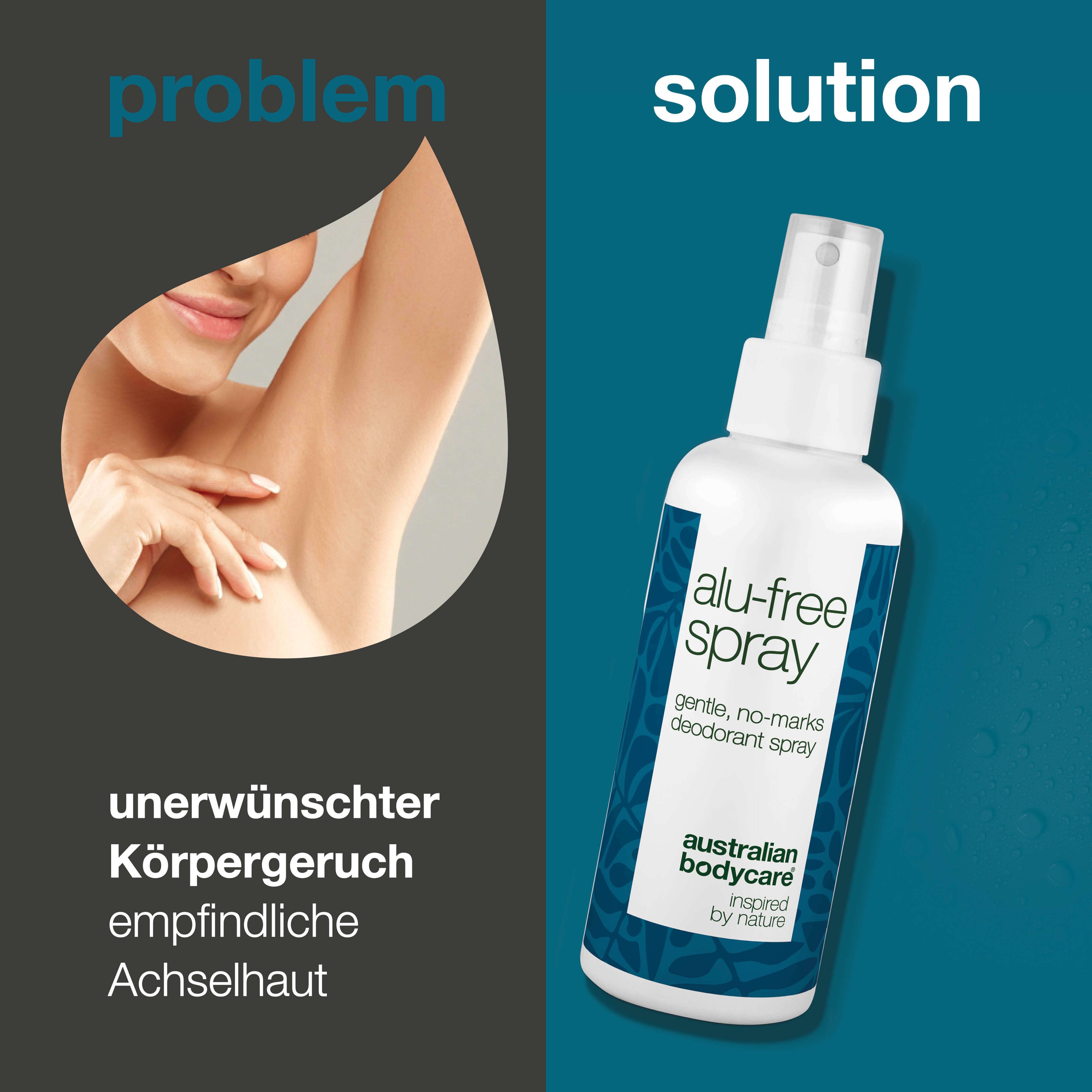 Vergleich: Achselhöhle vs. Deospray. Text: alu-free spray, gentle, no-marks deodorant spray. Logo: Australian Bodycare.