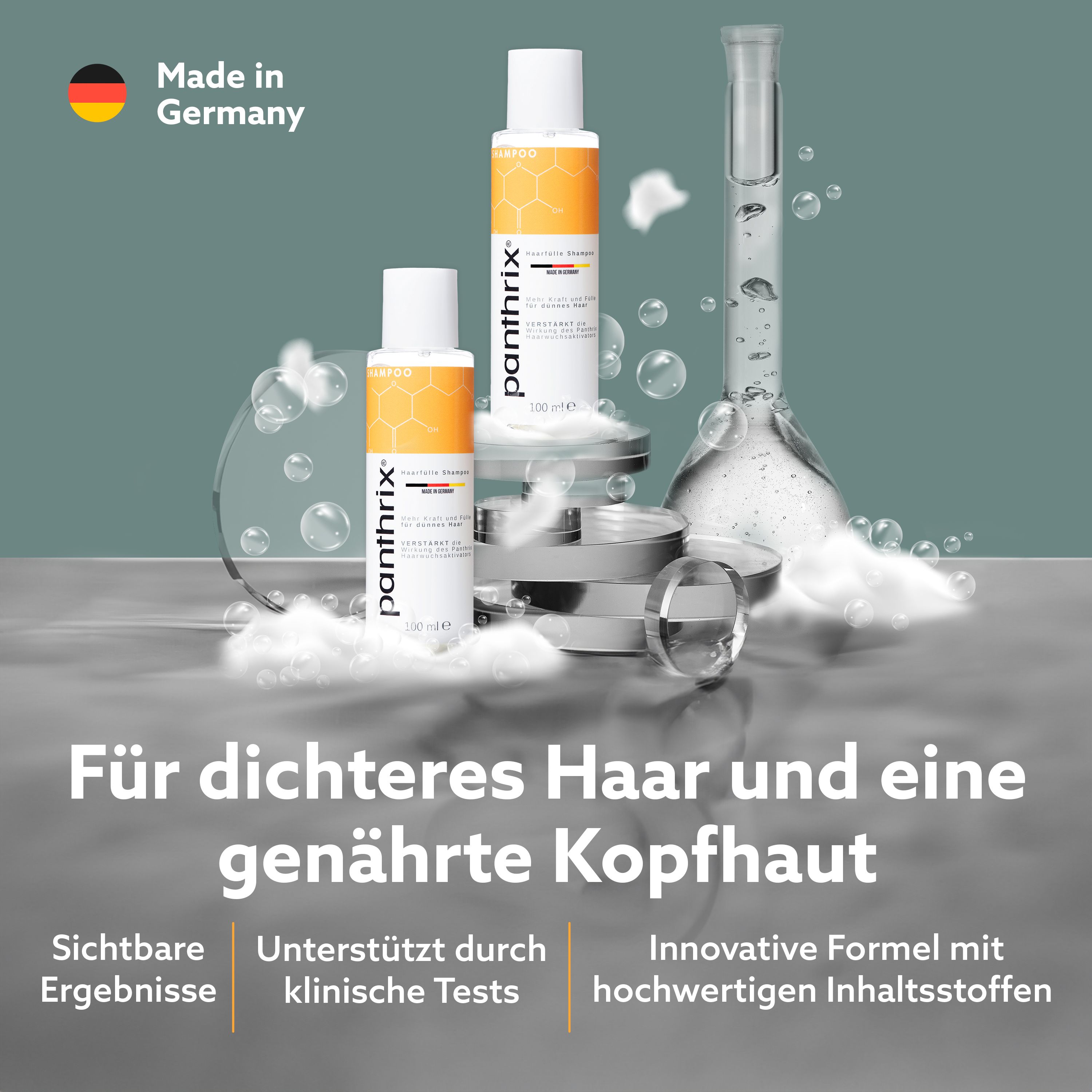 Deux flacons de shampooing avec logo Panthrix. Fond avec matériel de laboratoire et texte : Pour des cheveux plus denses et un cuir chevelu nourri.