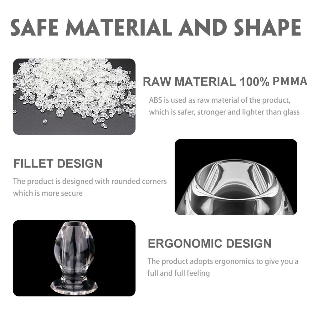 Grafik mit Informationen zu Material und Form. Rohmaterial: 100% PMMA. Abgerundete Ecken und ergonomisches Design.