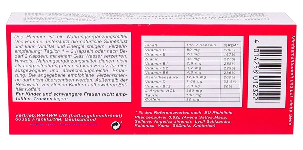 Rückseite der roten Schachtel mit Nährwertangaben. Enthält Informationen zu Vitaminen und Inhaltsstoffen.