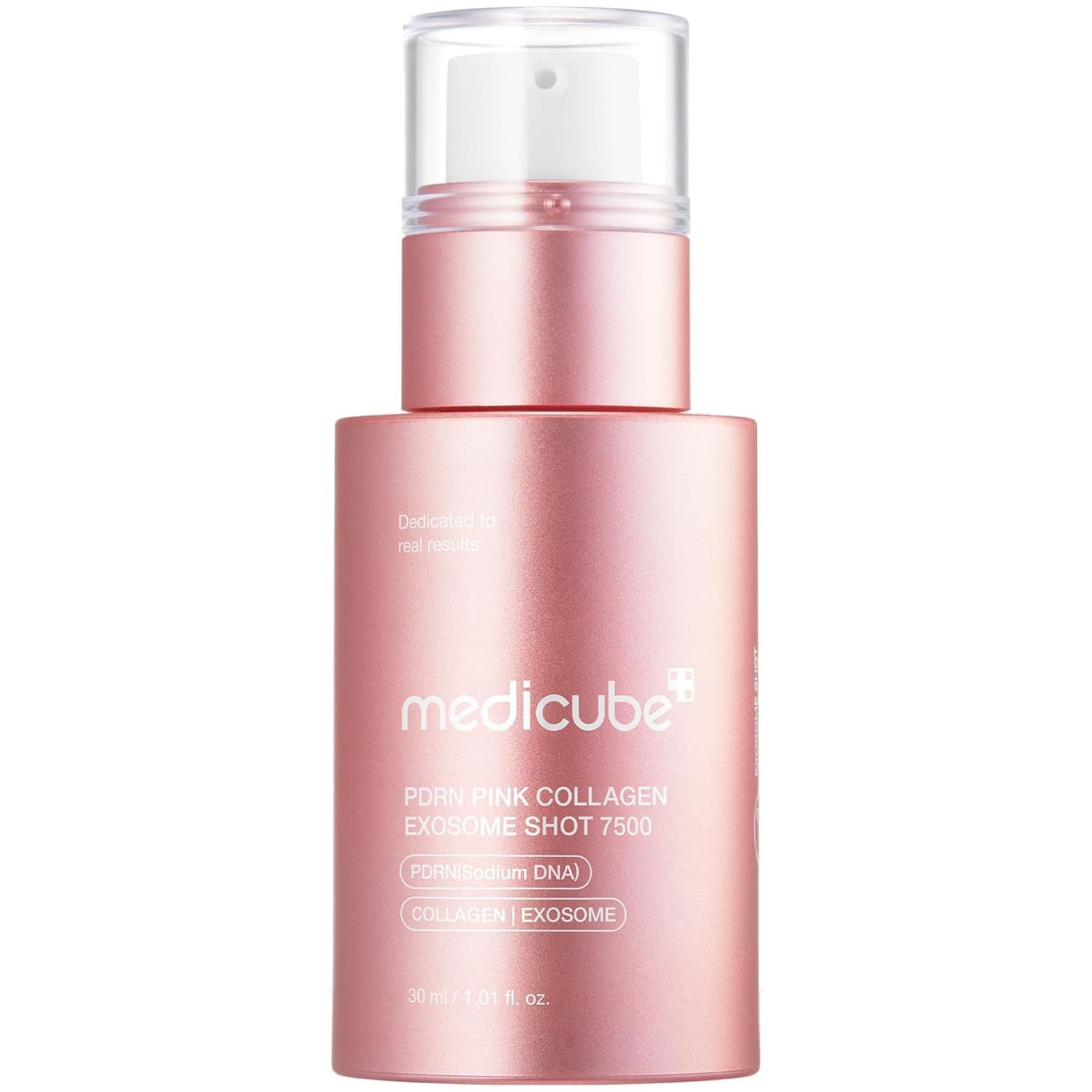 Rosa Serumflasche mit Sprühkopf. Beschriftung: Medicube, PDRN Pink Collagen Exosome Shot 7500, Collagen, Exosome. 30 ml.