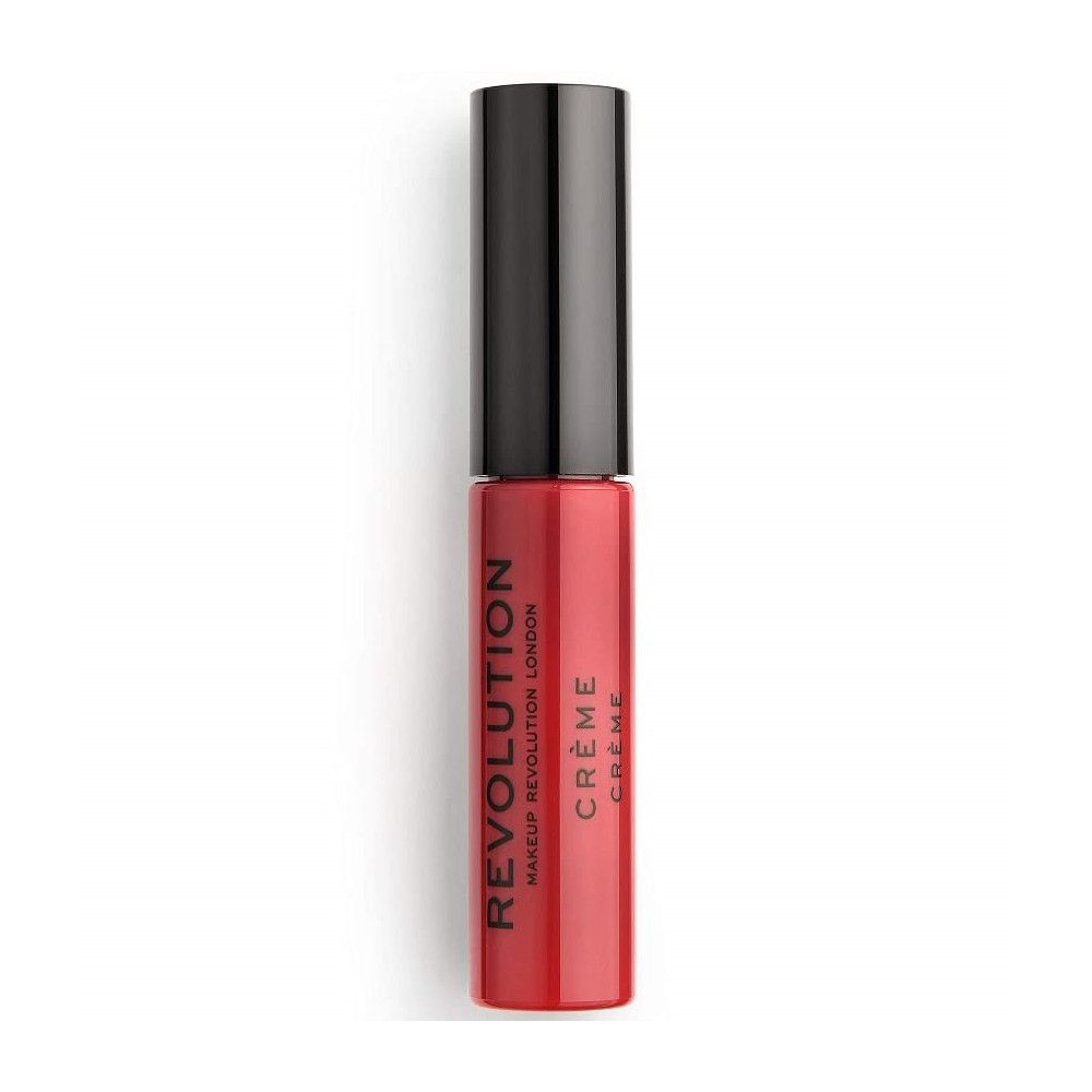 Roter Lippenstift in einer zylindrischen Flasche mit schwarzem Deckel. Auf der Flasche steht "REVOLUTION" und "CRÈME".