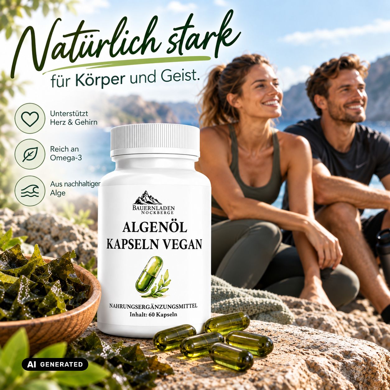 Vegane Algenöl-Kapseln für Körper und Geist. Unterstützt Herz & Gehirn. Aus nachhaltiger Alge.