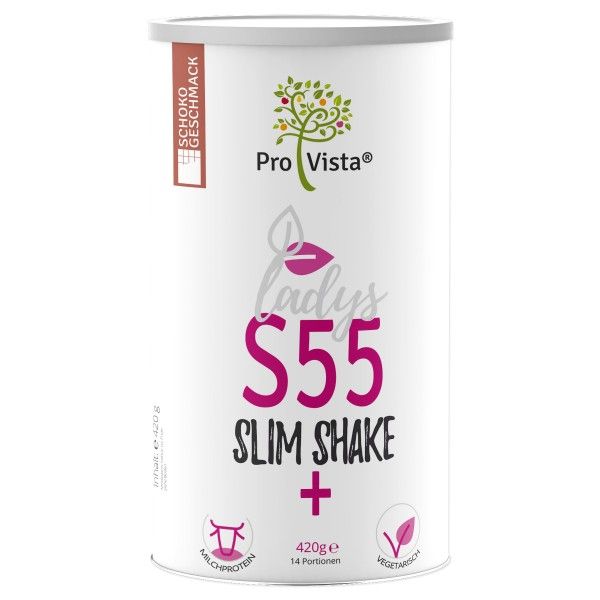 Zylindrische Dose mit Aufschrift "Pro Vista S55 Slim Shake Plus". Schoko-Geschmack. Enthält 420g, 14 Portionen. Mit Milchprotein und vegetarisch.
