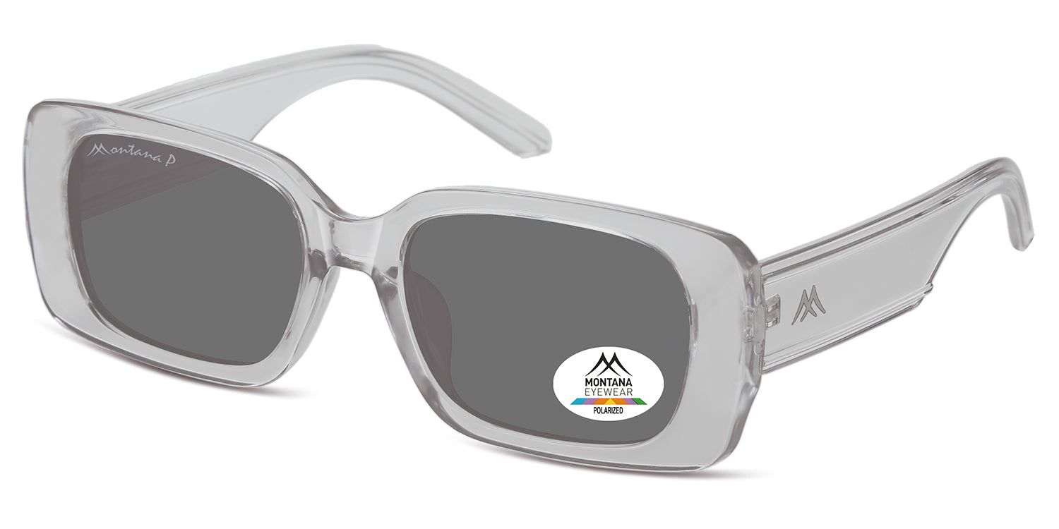 Sonnenbrille mit grau getönten Gläsern und transparentem Rahmen. Montana Eyewear Logo auf dem Bügel und Glas. Polarisierte Gläser.