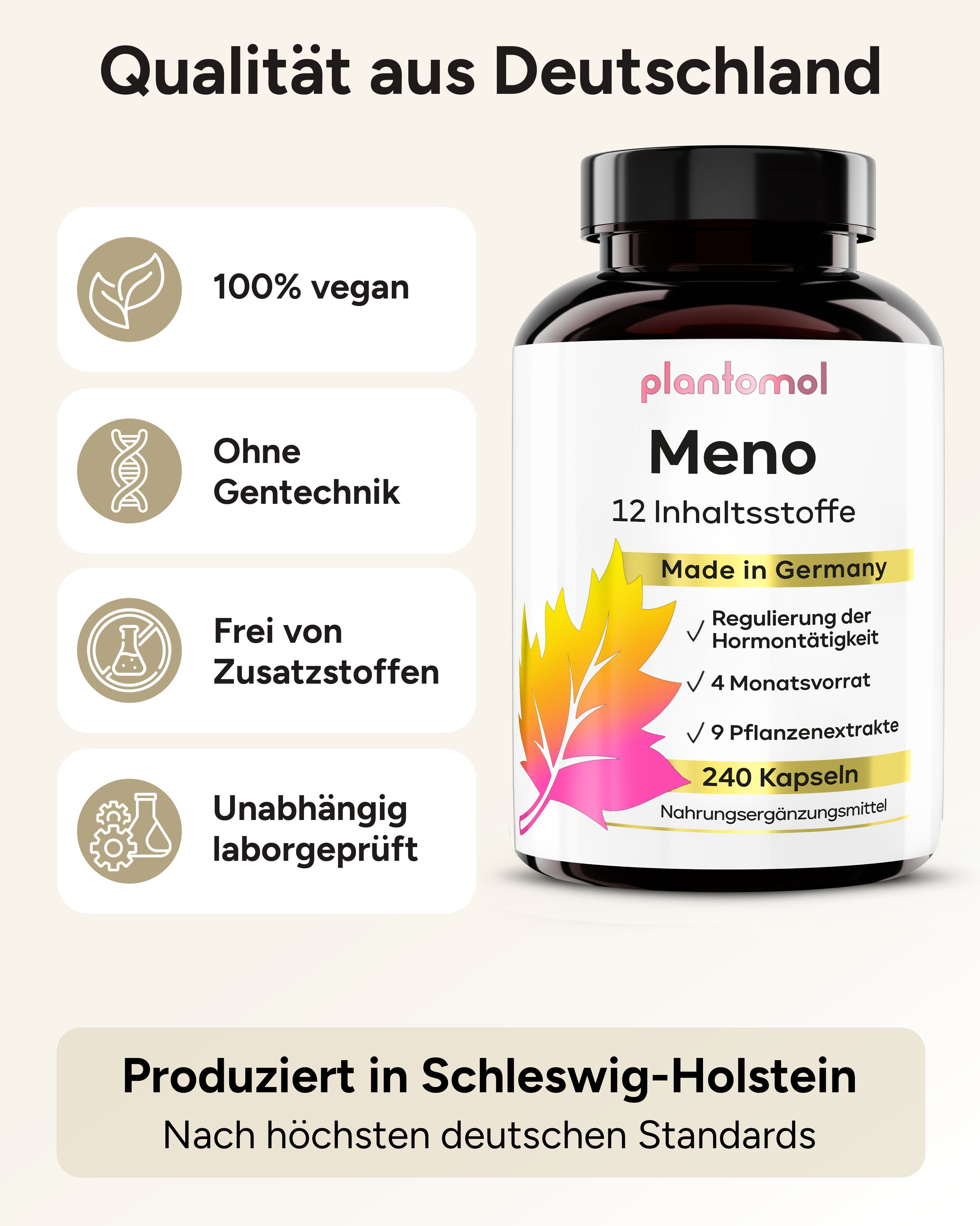 Braune Kapsel-Dose mit weißem Etikett. Aufschrift: plantomol Meno, 12 Inhaltsstoffe, Made in Germany, 240 Kapseln. Logos.