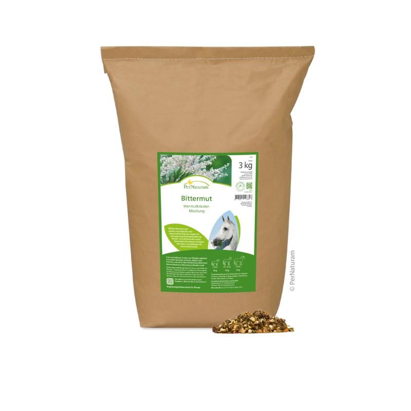 Ein Beutel Bittermut Wermutkräuter Mischung, 3 kg. Mit Etikett und Produktabbildung. Kräuter liegen daneben.