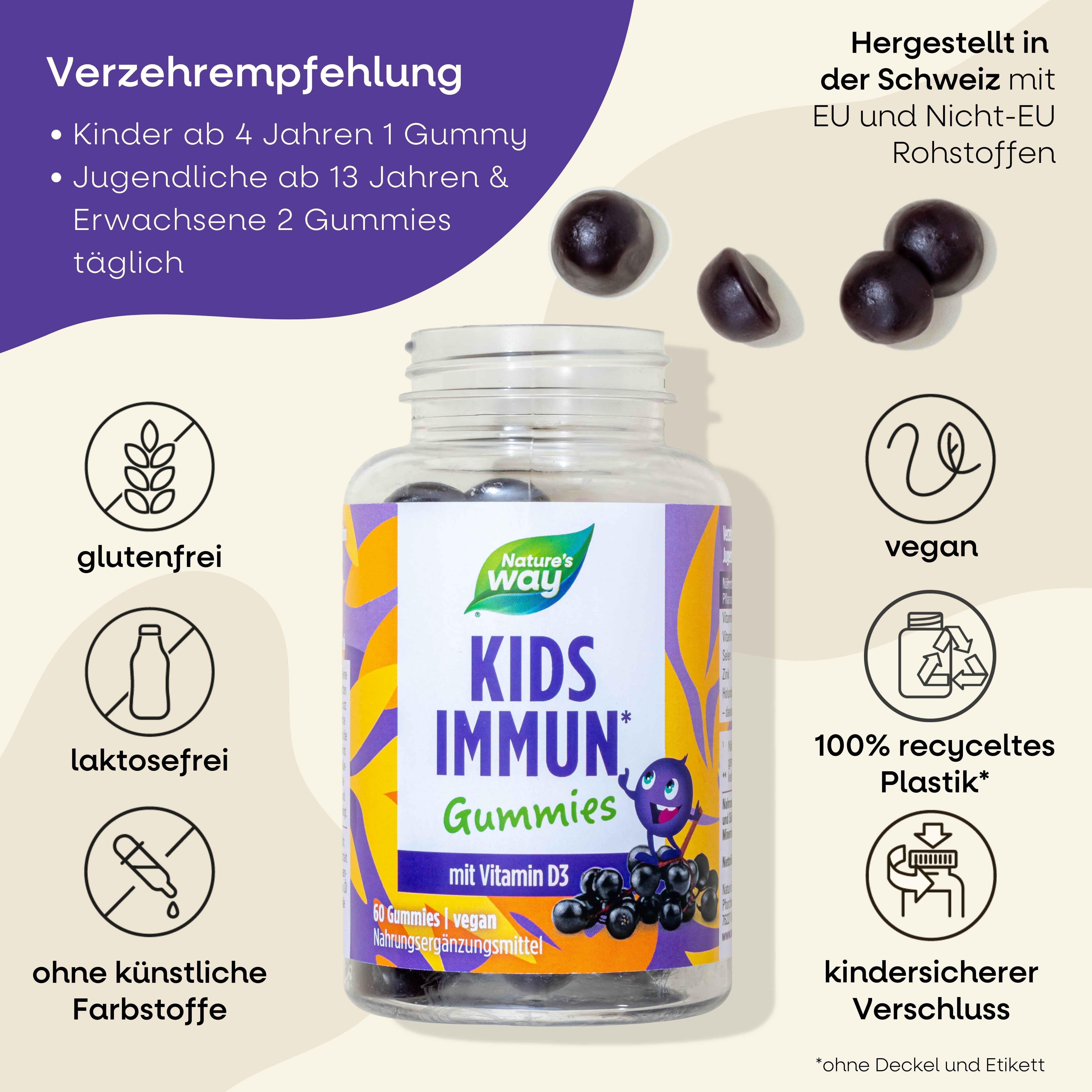 Flasche mit Kindern Immun Gummis. Glutenfrei, laktosefrei, ohne Farbstoffe, vegan, 100% recyceltes Plastik.